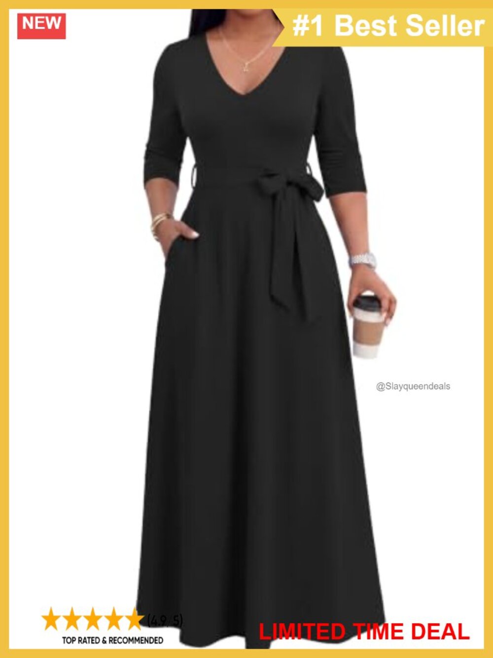 Maxi Dress 3/4 Sleeve V-Neck Empire Waist Belted Pockets Casual